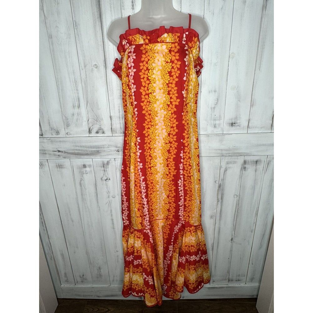 VINTAGE T & L MUUMUU FACTORY LONG DRESS RED YELLOW FLORAL MADE IN HAWAII 7/8‎